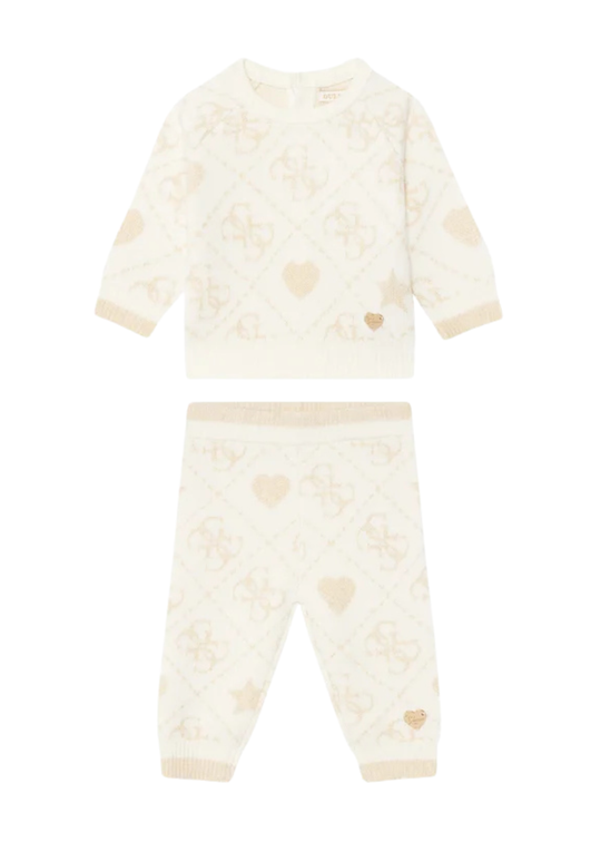 Set 2 Piese Tricotat Bluza si Pantaloni Lungi Crem cu Model Bej Auriu Monograme si Inimi A5BG03 Z39N0 F15T Guess