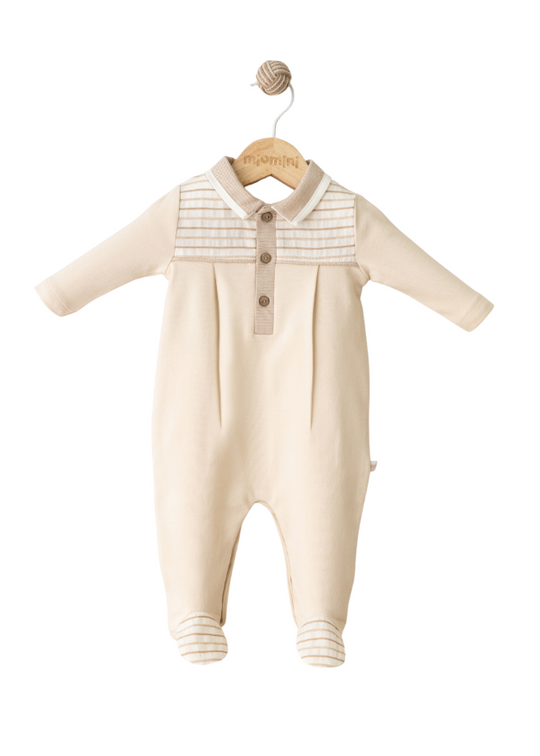 Long beige jumpsuit with stripes on the bust and polo collar 4077 MyMio