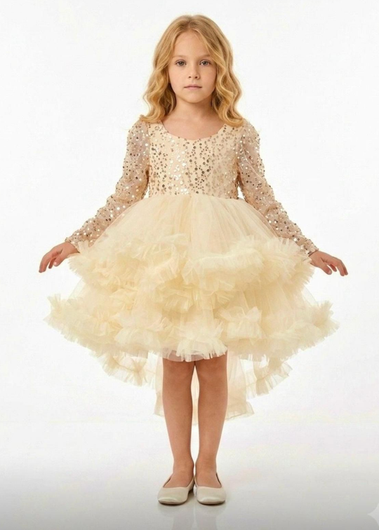 Ceremonial dress with golden sequin bust, long sleeves, beige tulle skirt with train art 3340 Mon Princess