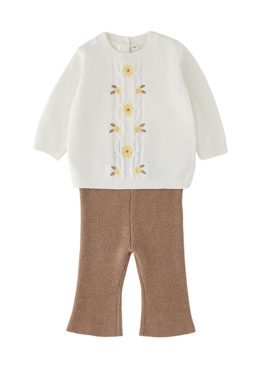 Set Tricotat 2 Piese Crem cu Maro, Pulover cu Flori si Pantaloni pentru Fetite 3.H752/00 – Minibanda
