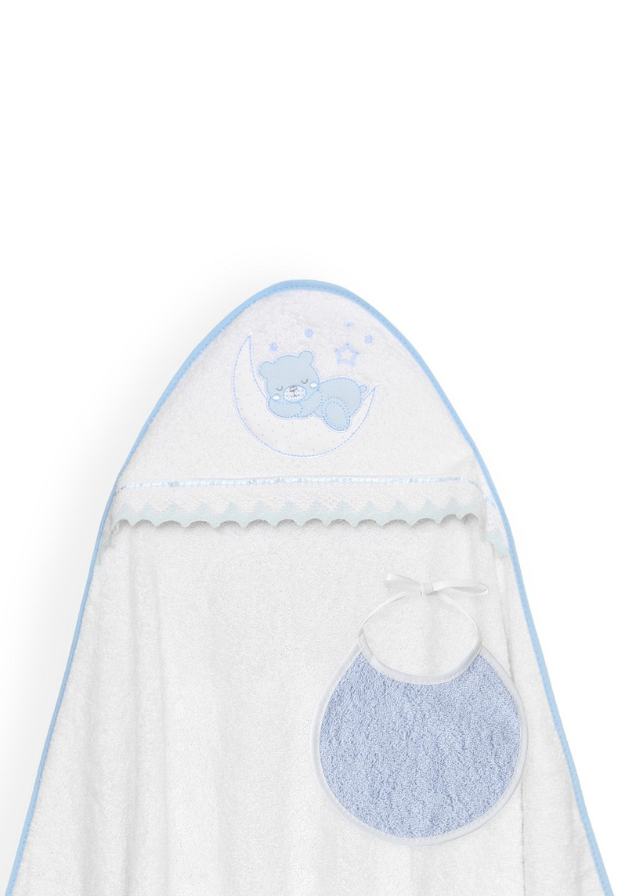 Prosop cu Capison 100x100 cm si Bavetica Alb-Bleu cu Ursulet pe Semiluna 01248-11 Interbaby