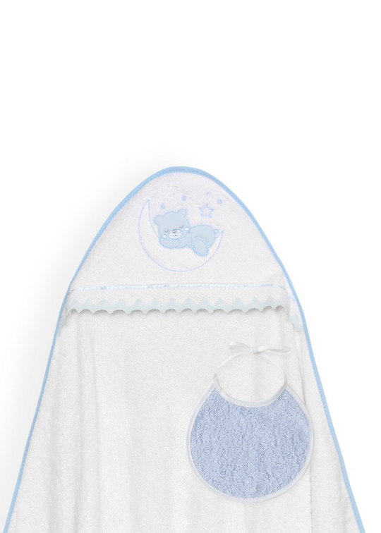 Prosop cu Capison 100x100 cm si Bavetica Alb-Bleu cu Ursulet pe Semiluna 01248-11 Interbaby