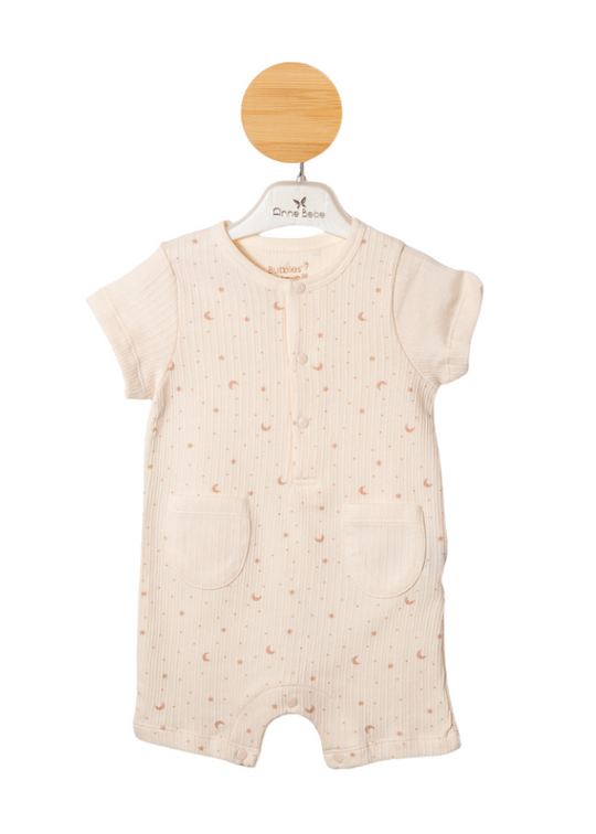 Salopeta Scurta Bumbac Organic Crem cu Imprimeu Luna si Stele Bej 2028 Bubbles