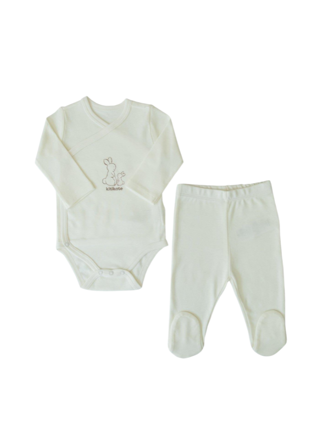 Set 2 Piese Body cu Maneca Lunga si Pantalon Alb din Bumbac Organic S80059 KitiKate