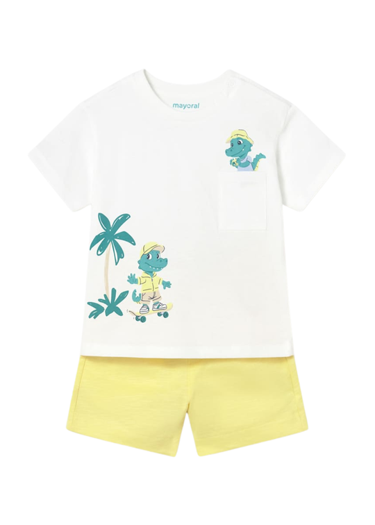 2-Piece White T-Shirt with Palm Trees and Yellow Shorts 1672 Mayoral