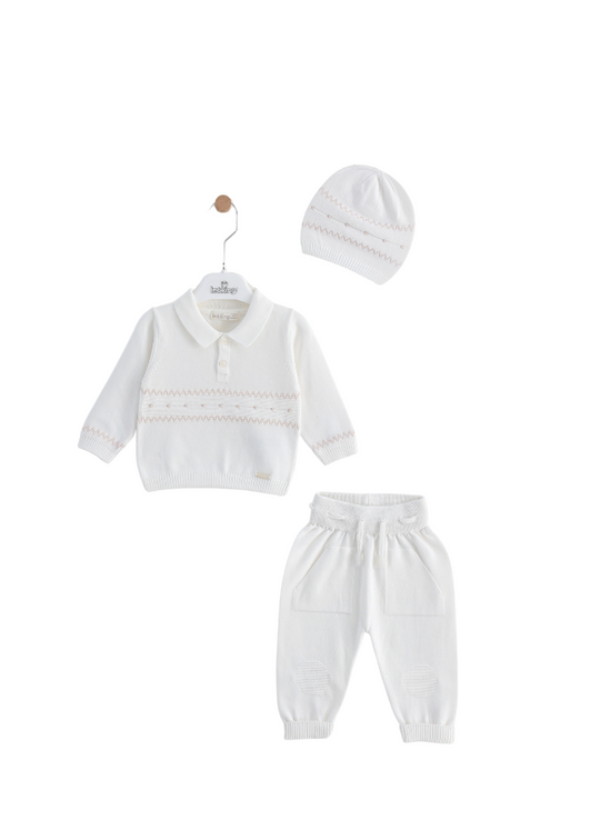 Set of 3 White Knitted Blouse with Collar, Pants and Fes 8508 Leo King