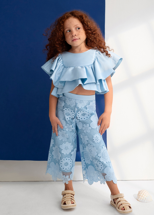 Set 2 Piese Bleu Top Saten si Pantaloni Lungi Dantela Ghipura 5212 Abel & Lula