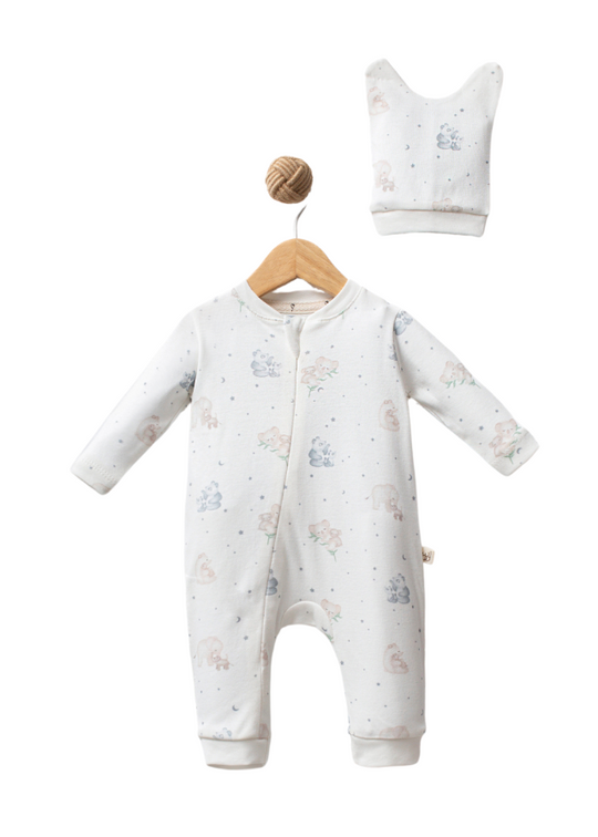 Salopeta Lunga Bumbac Organic Crem cu Imprimeu Tropical Island 2902 Bubbles