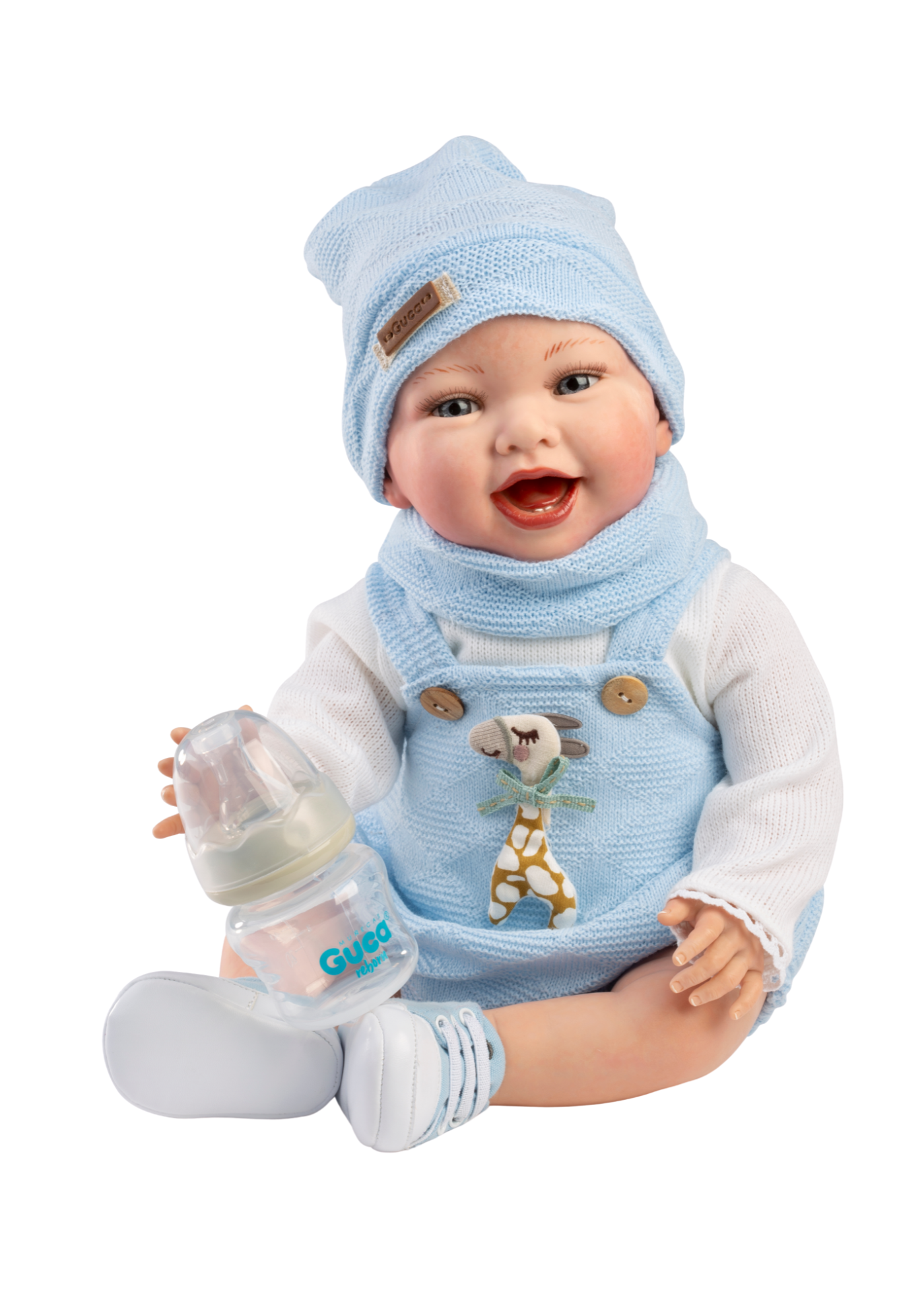 Reborn Marcos, 42 cm, Fara Par, Corp Vinil+Textil cu Salopeta, Caciula si Fular Tricotate Bleu 10281 – Guca Munecas