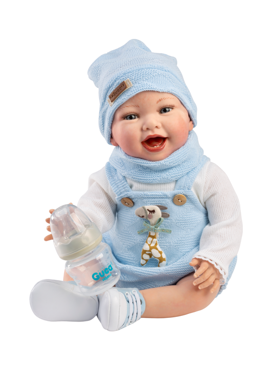 Reborn Marcos, 42 cm, Fara Par, Corp Vinil+Textil cu Salopeta, Caciula si Fular Tricotate Bleu 10281 – Guca Munecas