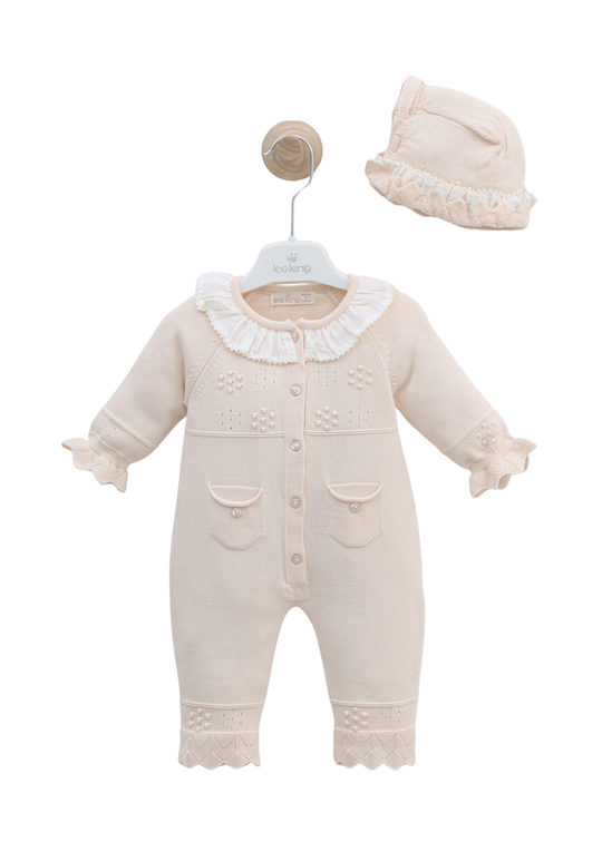 Set Salopeta Lunga Tricotata Somon cu Caciula 7462 Leo King