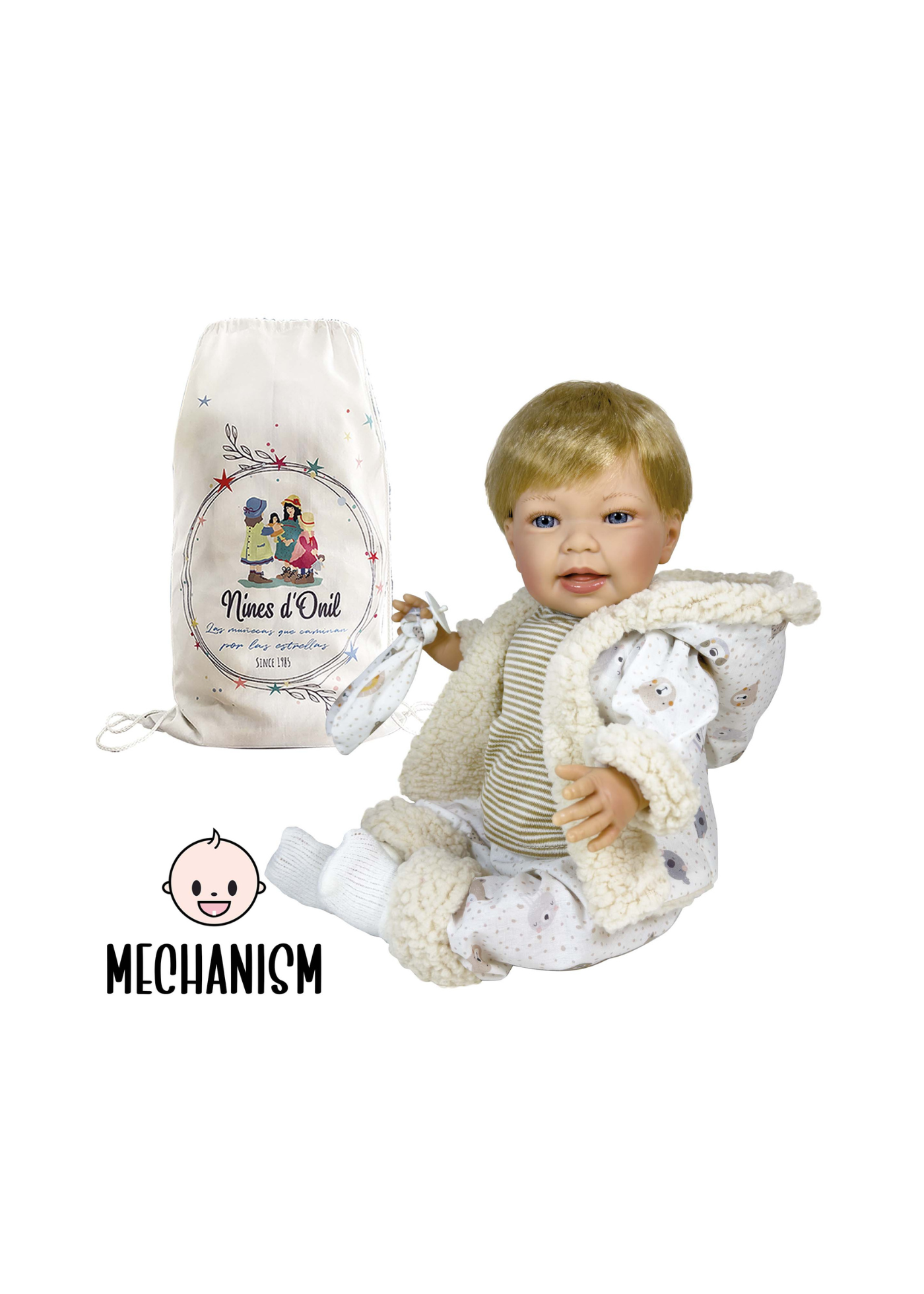 Papusa Parfumata Susi Blonda cu Mecanism, Pantaloni si Jacheta Alba Imprimeu Animale – 45 cm – 6703 – Nines