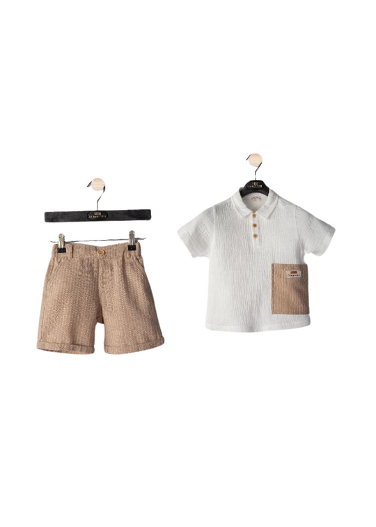 Set 2 Piese Bluza Muselina Crem cu Guler Polo si Pantaloni Scurti Camel cu Dungi M54169 Midimod Gold