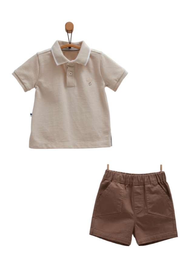 Set 2 Piese Tricou Polo Bej cu Maneca Scurta si Pantaloni Scurti Maro Polo TKE1795 Mell Sweet Baby
