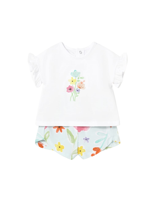 Set 2 Piese Tricou Alb si Pantaloni Scurti Turquoise cu Flori 1291 Mayoral