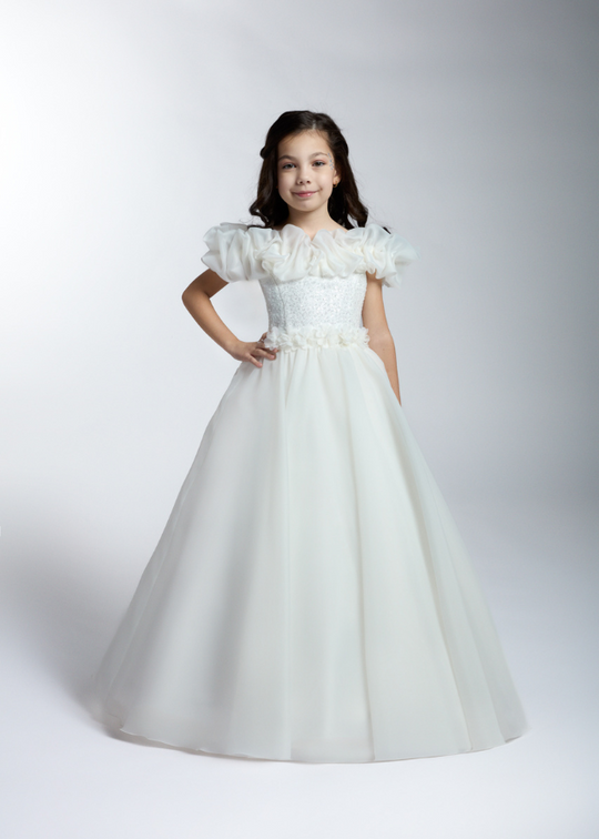 Elegant Long White Ceremony Dress with Sequined Bodice and Organza Skirt 3-11 Years 2257 Kanilla