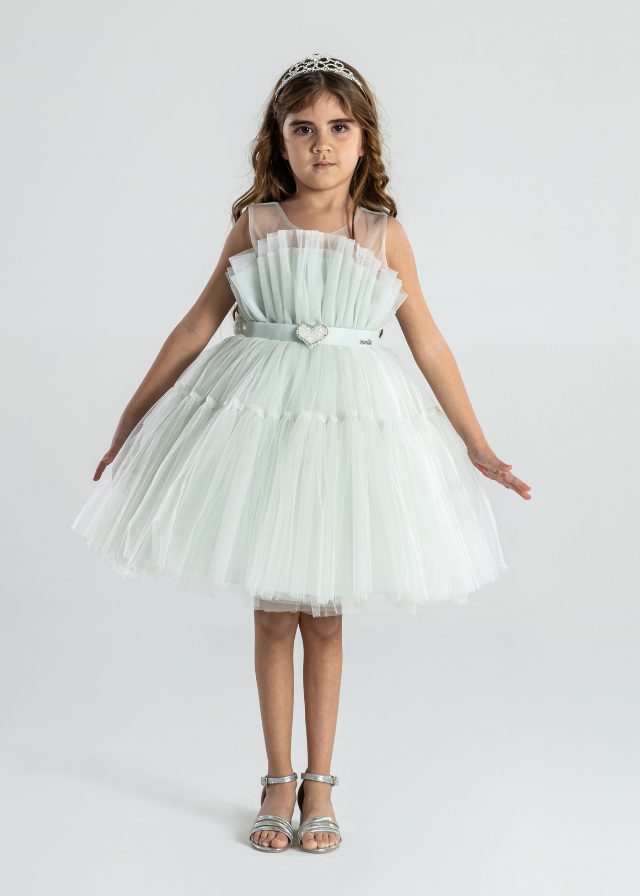 Rochie Ceremonie din Tulle Verde cu Volan din Tulle pe Bust 2992 Mon Princess