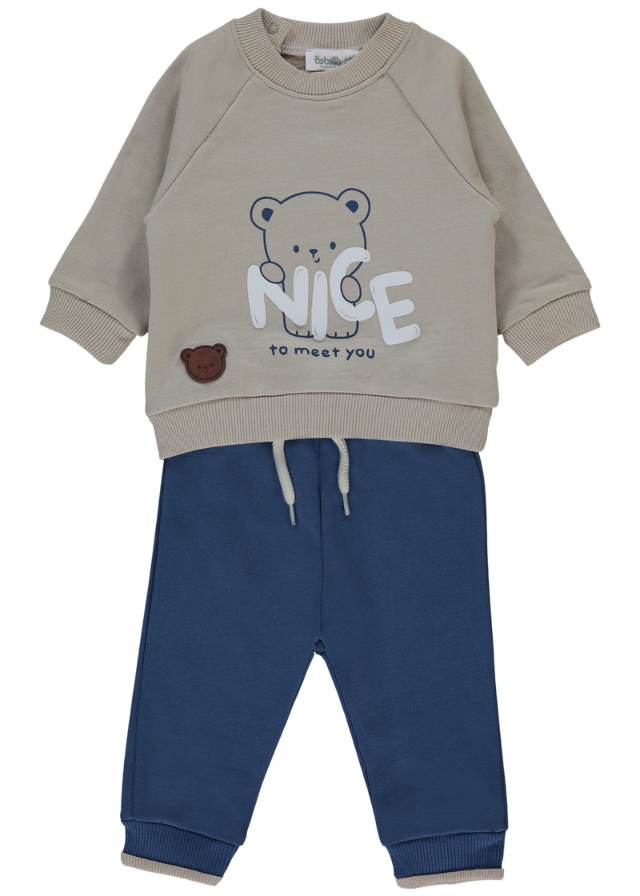 Trening 2 Piese Hanorac Bej cu Urs si Pantaloni Lungi Indigo Teddy Bear K4483 Bebetto