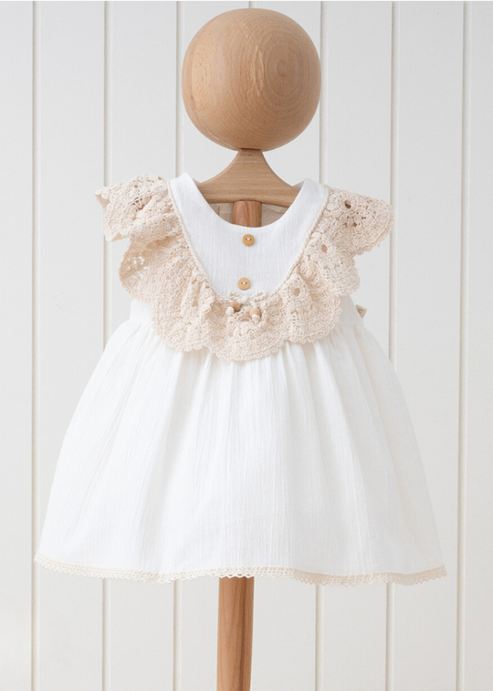 Sleeveless Ivory Muslin Dress with Macrame Ruffle on Bust 3907 MyMio