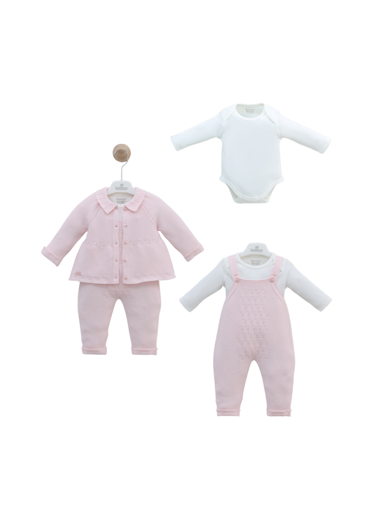Set 3 Piese Salopeta Lunga si Cardigan Tricotat Roz si Body din Bumbac 7458 Leo King
