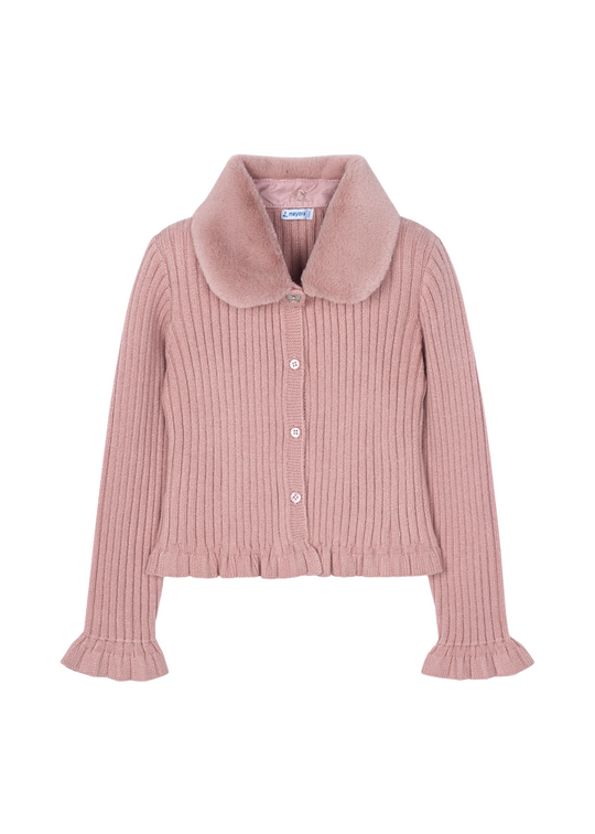 Powder Pink Knitted Cardigan with Fur Collar 4311 Mayoral