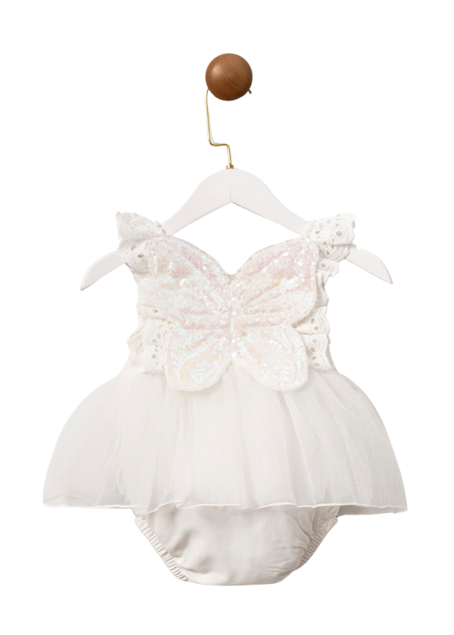 Body Ivory cu Bretele Bust Dantela Volan Organza si Fluture din Paiete 3600 Mino Baby