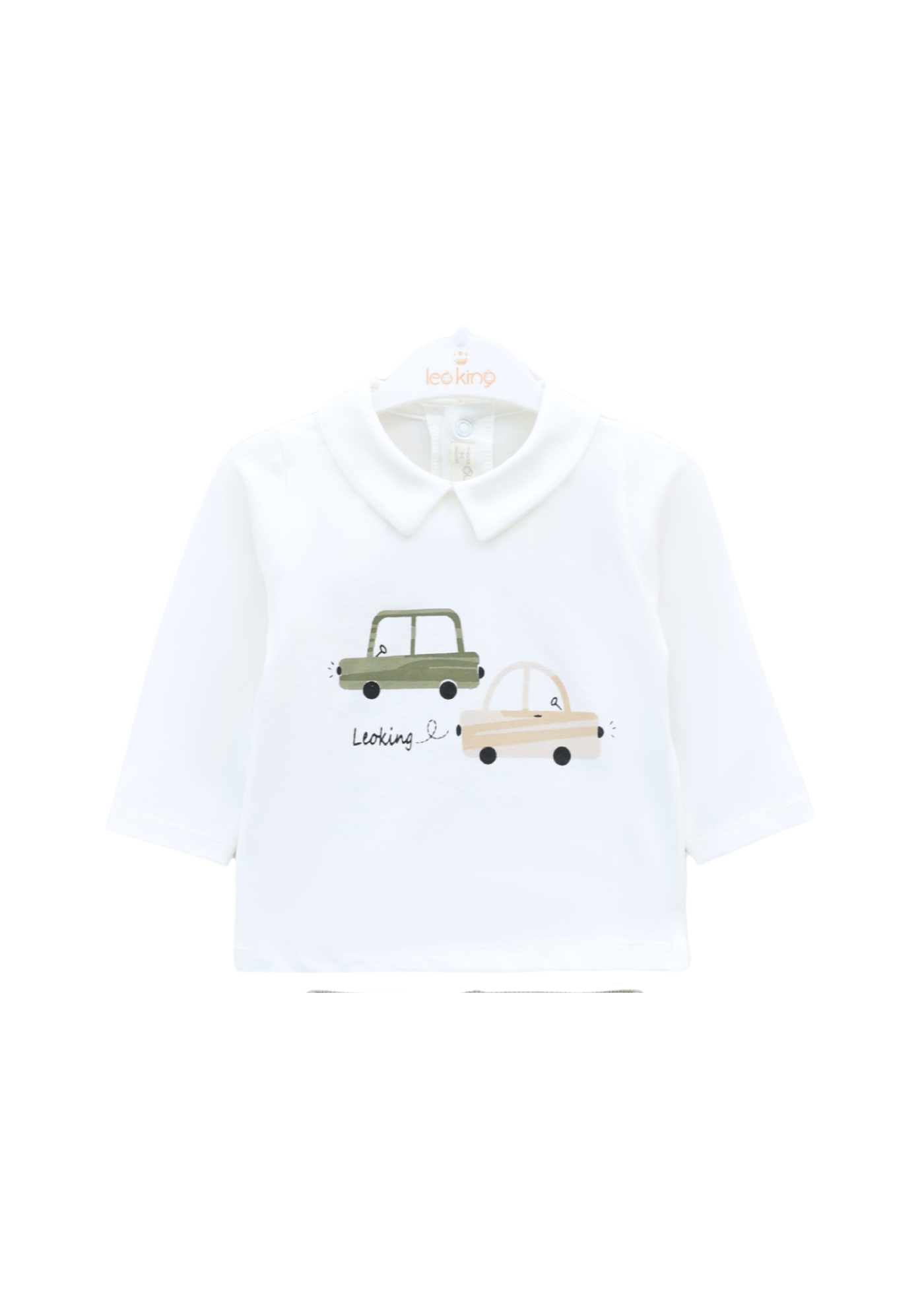 Set 3 Piese jacheta si Pantaloni Tricotate Verzi si Bluza Ivory cu Masini 8012 Leo King