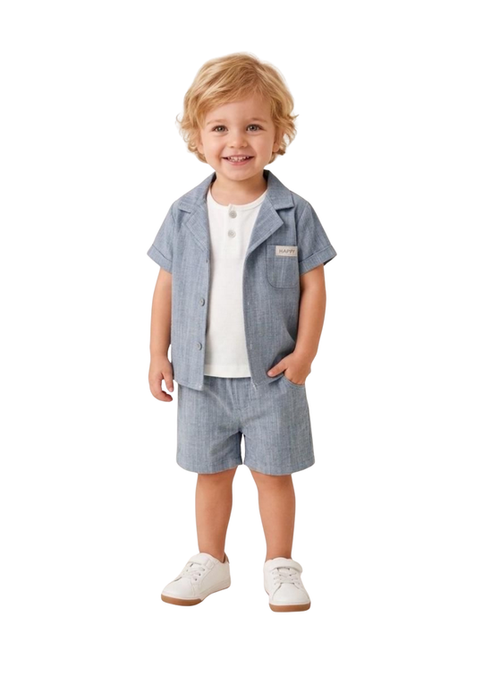 Set 3 Piese Camasa Maneca Scurta si Pantaloni Scurti Indigo si Tricou Crem 16931 Bebus
