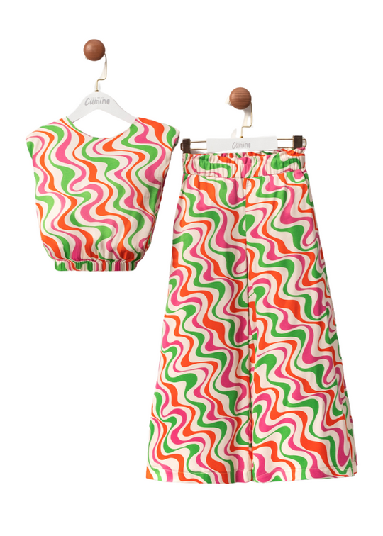 2 Piece Set, Sleeveless Top and Long Wide Pants with Pink Green and Orange Print 3450 Mino Baby