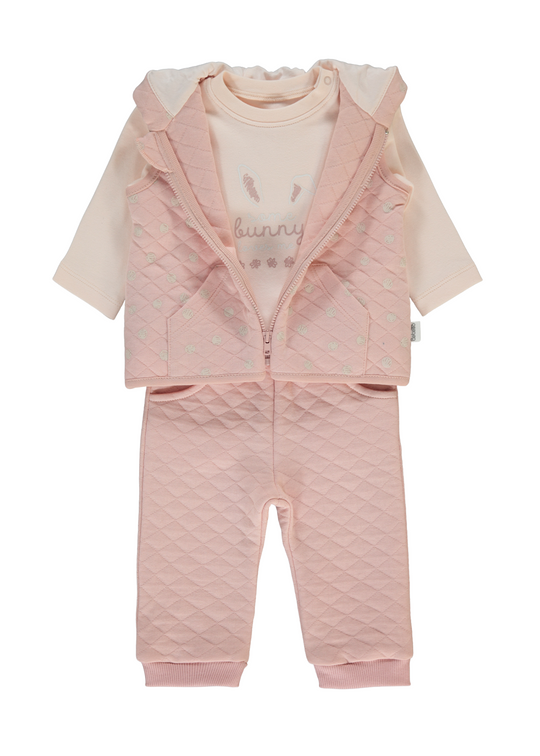 Set 3 Piese Vesta cu Gluga si Pantaloni Lungi Roz Pudra si Bluza Roz cu Maneca Lunga K5115 Bebetto