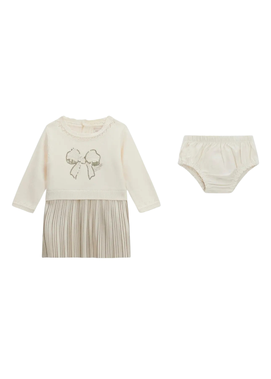 Set 2 Piese Rochie Tricotata cu Maneca Lunga si Chilot Crem pentru Fetite A6YK05 – Guess
