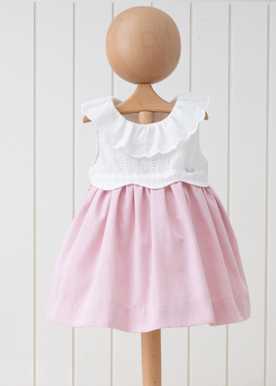 White Bust Dress Cotton Embroidery Pink Skirt and Ruffle Collar Sleeveless 5521 MyMio