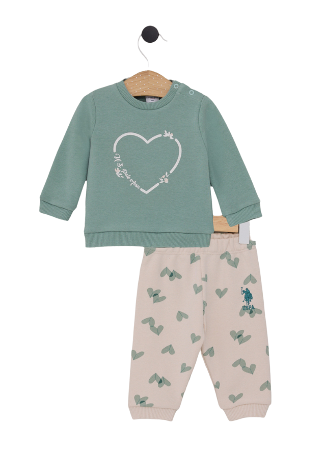 Set Casual 2 Piese Bluza Verde si Pantaloni Bej cu Inimi USB2170 V1 Us Polo Assn