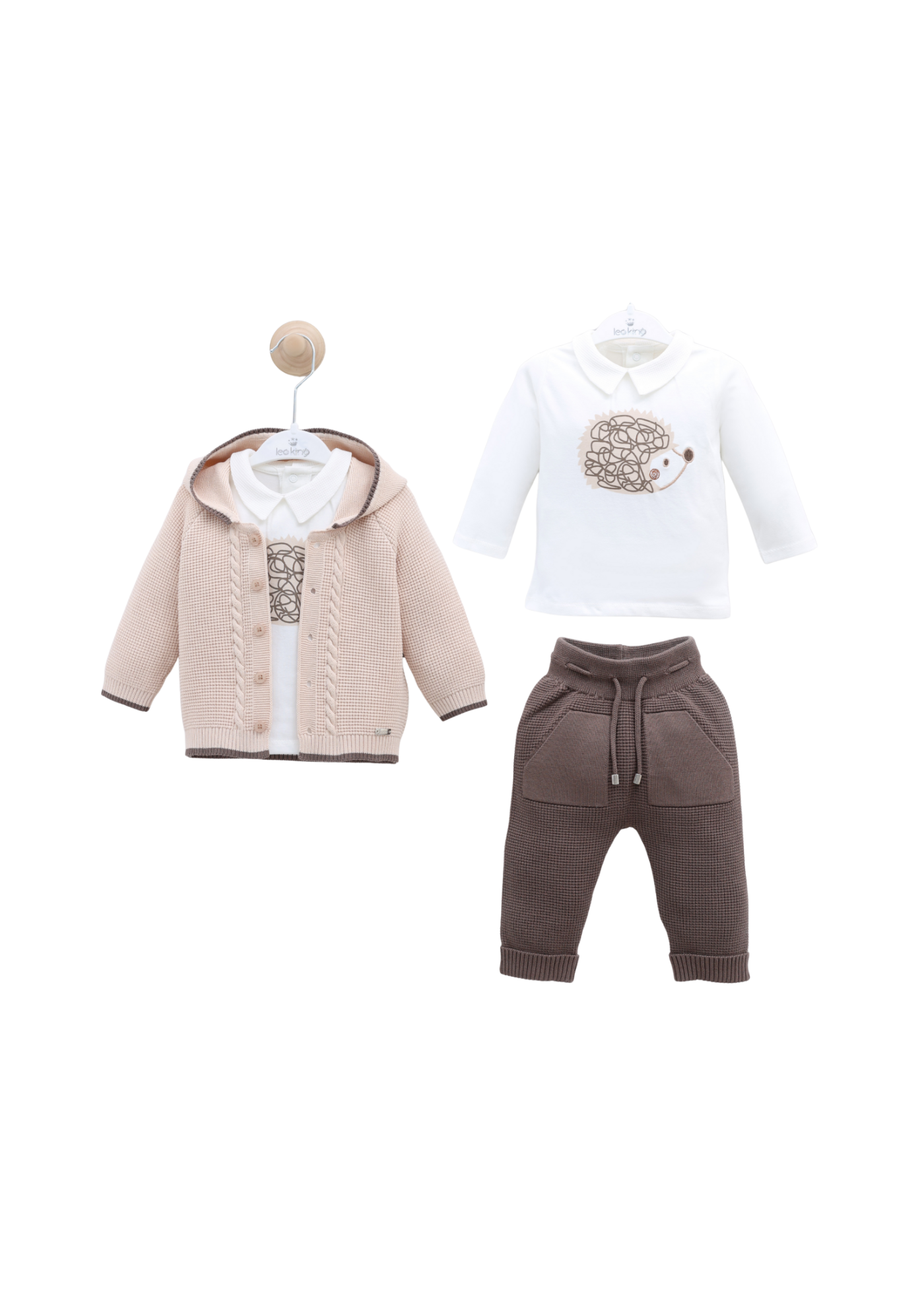 Set 3 Piese Tricotat Bej cu Bluza din Bumbac cu Arici 8030 Leo King