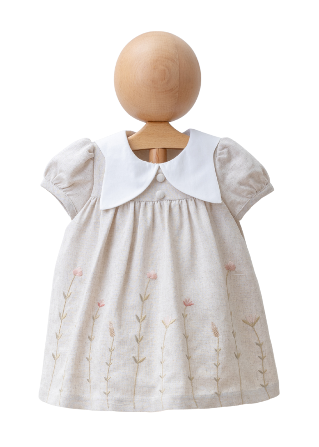 Rochie Bej cu Maneca Scurta cu Guler Mare Alb 4231 MyMio