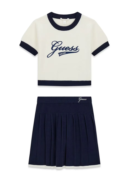Set 2 Piese Tricou Crem si Fusta Plisata Bleumarin pentru Fete J6YG02 – Guess