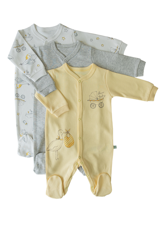 Set of 3 Yellow Organic Cotton Long Jumpsuit with Stork Gray S31535 Kitikate
