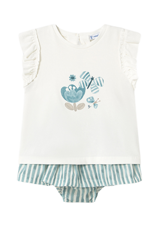 2-Piece Set Cream T-Shirt and Cream Ruffled Panties with Green Stripes 1984 Mayoral