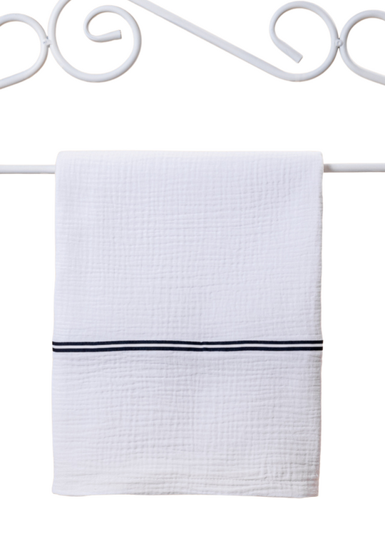 Pled din Bumbac Muselina Alb Cu 2 Dungi Bleumarin 80x85cm AnneBebe