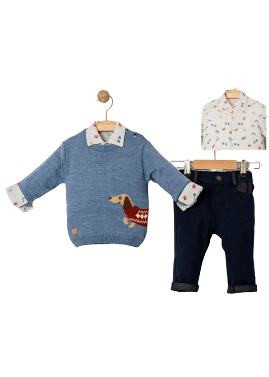 3 Piece Set Blue Sweater with a Dog White Shirt with Cars Print and Navy Blue Tercot Pants 15022 Bebus
