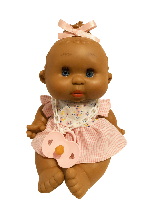 Papusa Parfumata Negresa cu Rochita Roz cu Patratele Albe - 26 cm - 0439 - Nines