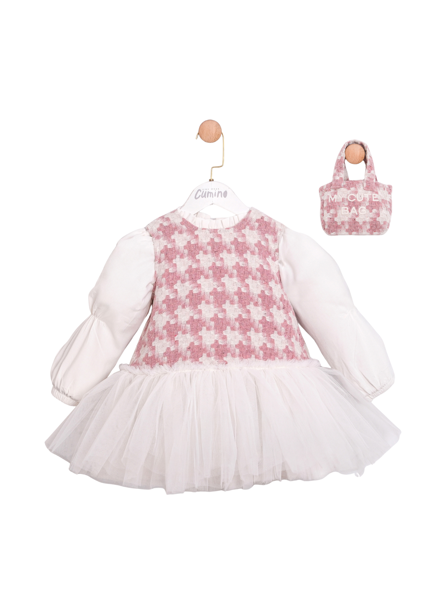 Set Sarafan Stofa Roz cu Tull, Camasa Alba si Poseta 3768 Mino Baby