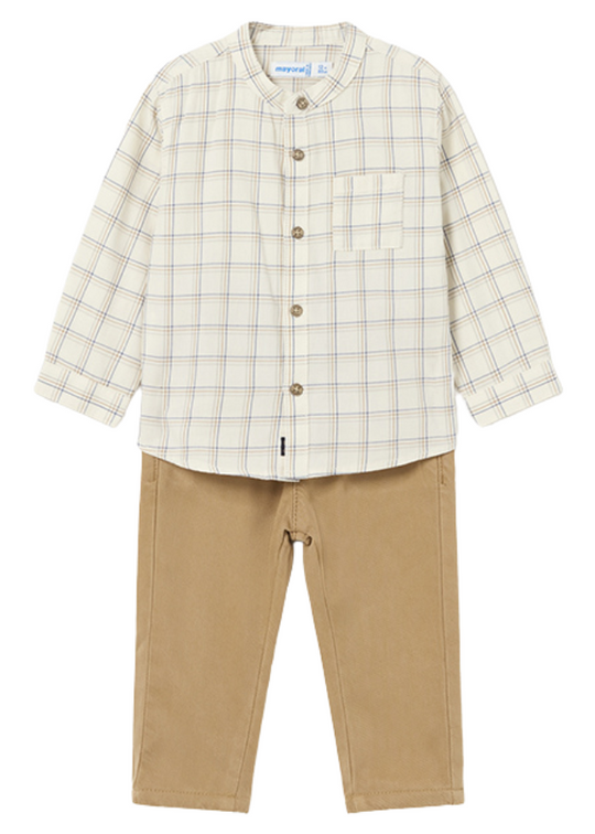 Set of 2 Cream Plaid Shirt and Long Beige Pants 2545 col 76 Mayoral