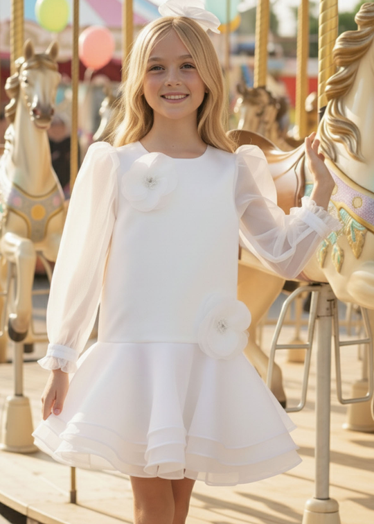 Rochie Ceremonie Ivory din Organza cu Maneci Lungi din Voal 36057 Pamina