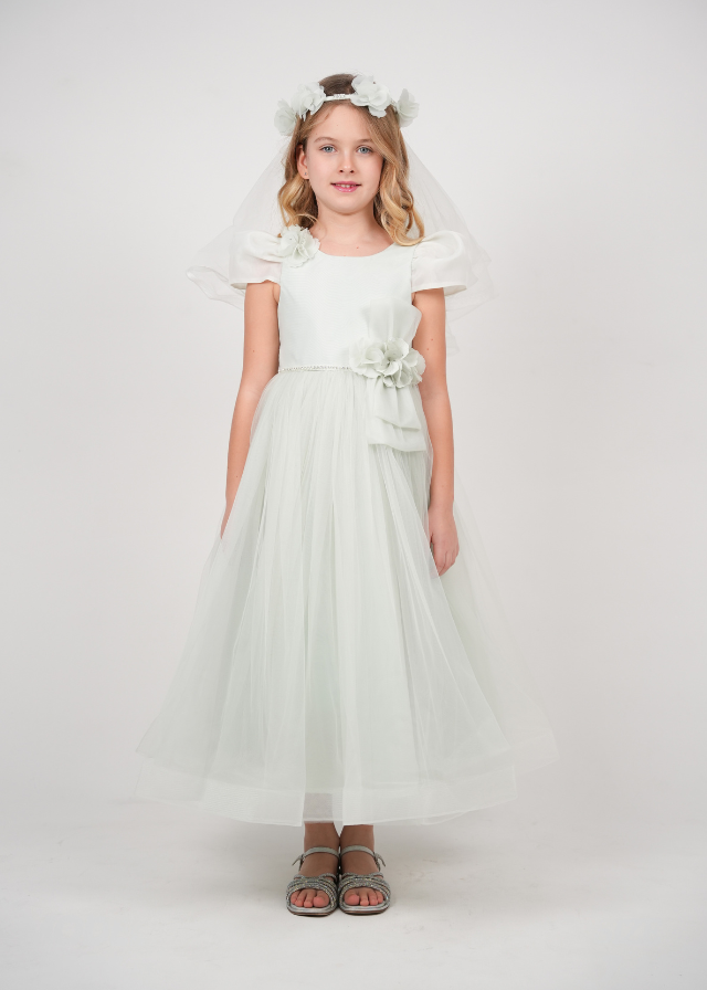 Rochie Ceremonie Verde Lunga cu Fusta din Tulle Maneci Scurte din Organza si Strasuri in Talie 3176 Mon Princess