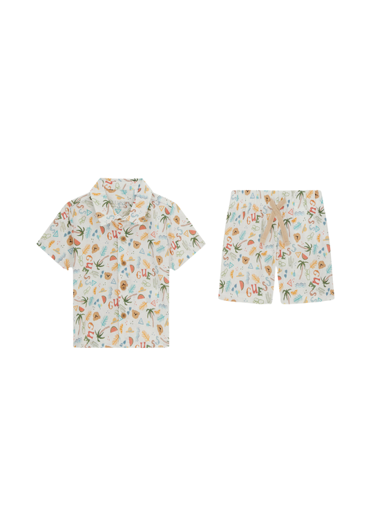 Guess 2-Piece Set Short Sleeve Shirt and Cream Shorts with Bears and Palm Trees I6GG09 WO730 PMEE