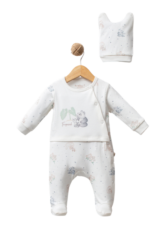 Salopeta Lunga Bumbac Organic Crem cu Fermoar cu Panda si Koala Tropical Island 2901 Bubbles