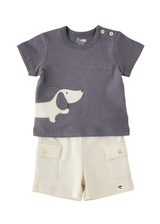Set 2 Piese Tricou Gri cu Catel si Pantaloni Scurti Bej 4.G150/00 iDO
