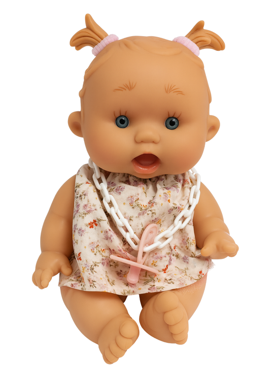 Papusa Parfumata cu Rochita Crem Imprimeu Floricele Roz - 26 cm - 0444 - Nines