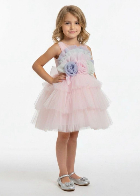 Rochie Tulle Roz Fara Maneci cu Flori 3D Multicolore Aplicate in Talie si Volane pe Bust 3186 Mon Princess